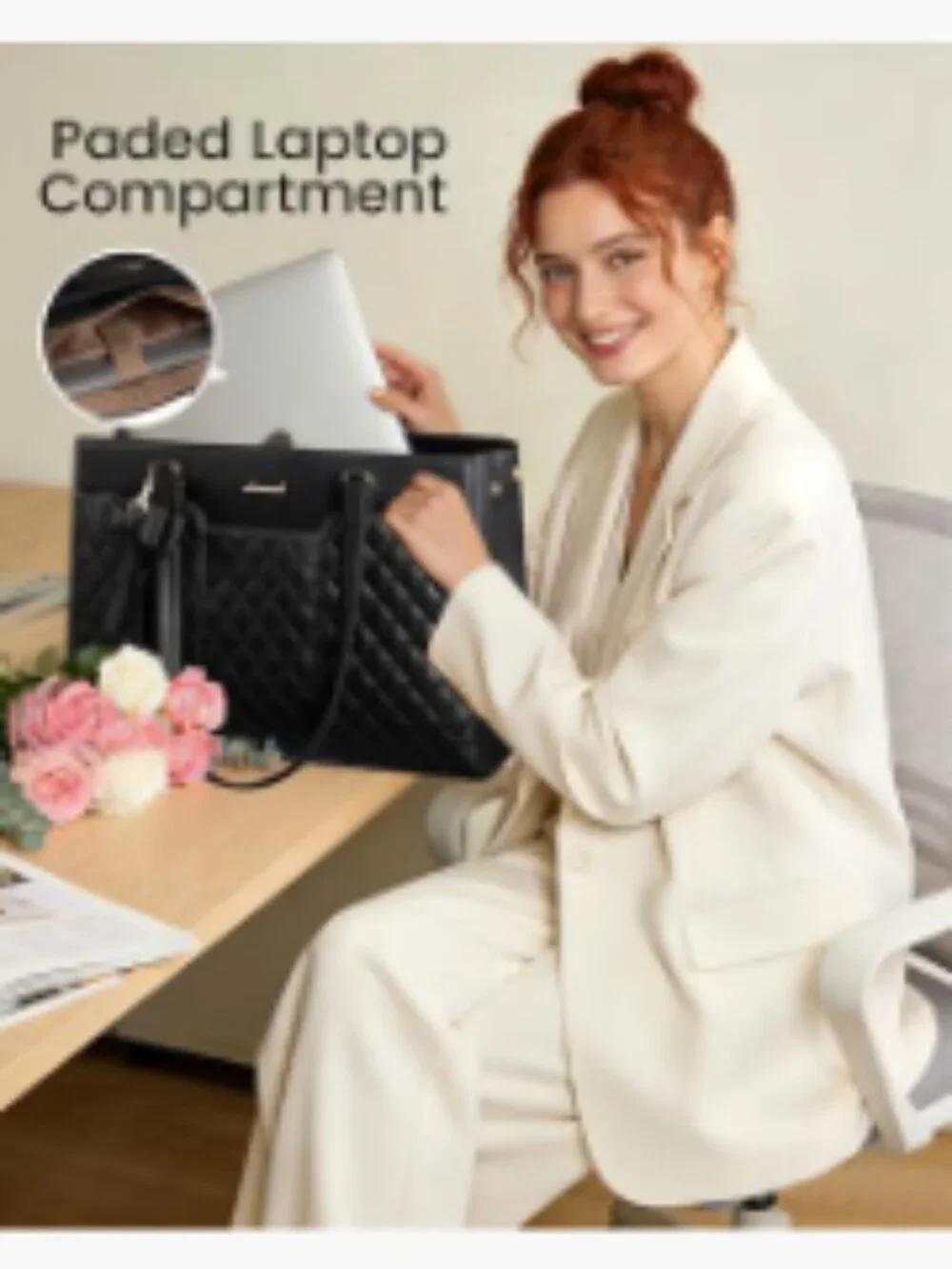 LOVEVOOK 15.6 Inch Laptop Tote Bag Women PU Leather Quilted Computer Briefcase
